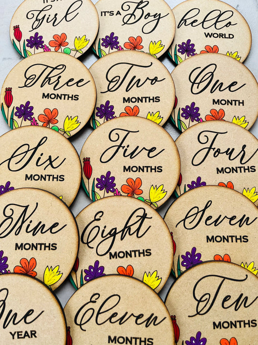 A pack of 15 wooden milestone markers, new baby gift